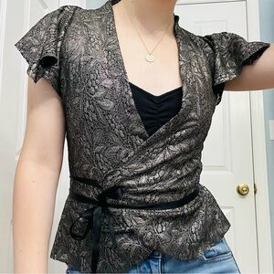 Diane Von Furstenberg Wrap Top Blouse Floral Knit Gray Metallic 2 Extra Small